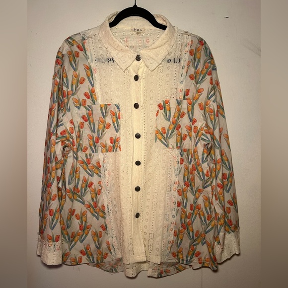 POL Tops - POL Tulip and Cream Lace Button-Up Top
